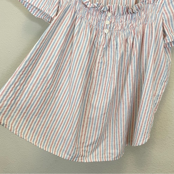 Anthropologie Isabella Sinclair Striped Smocked Neck Short Sleeve White Red S - Picture 7 of 11